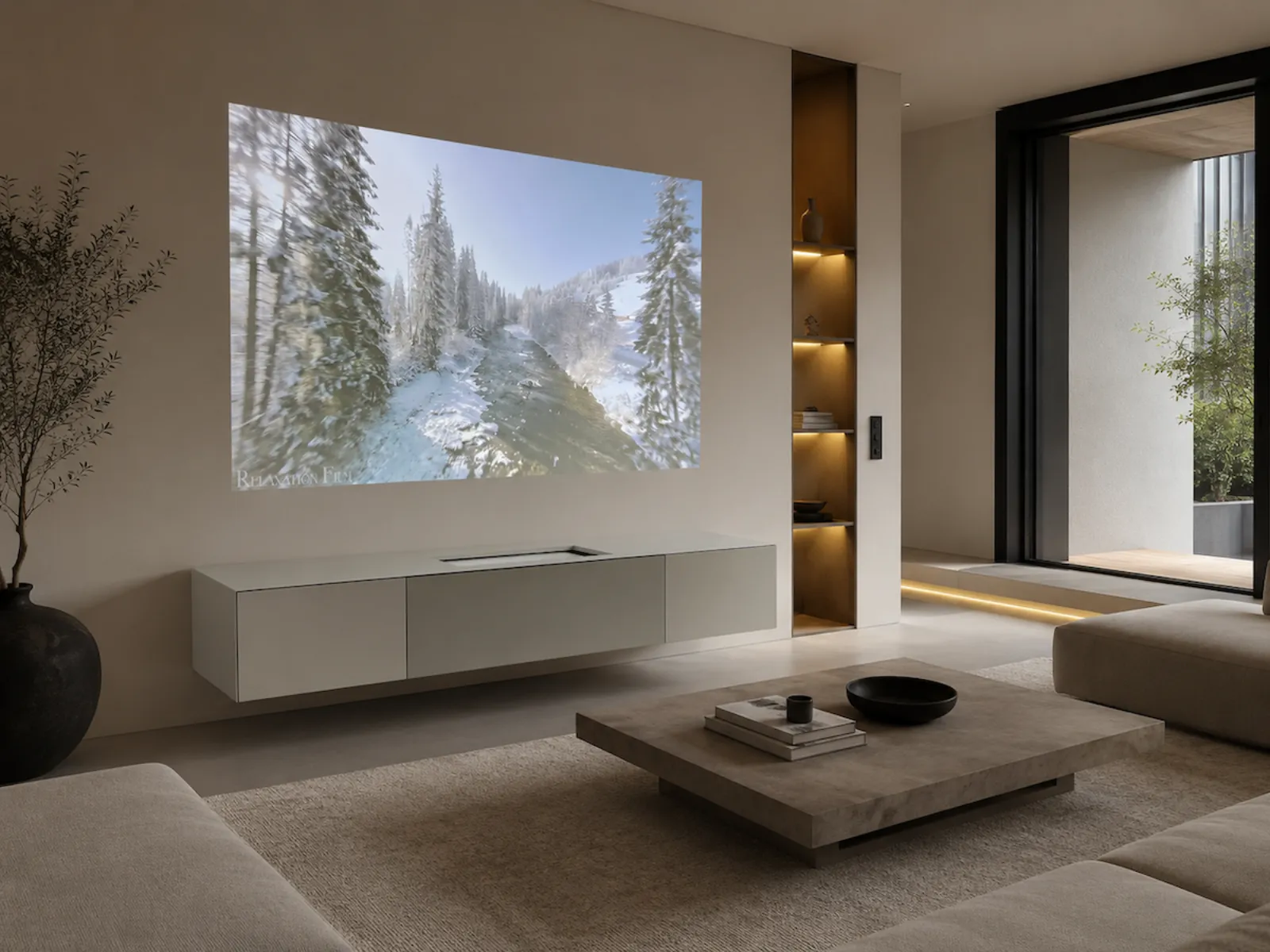 Zwevend licht tv meubel dat een filmbeeld op de muur erboven projecteert