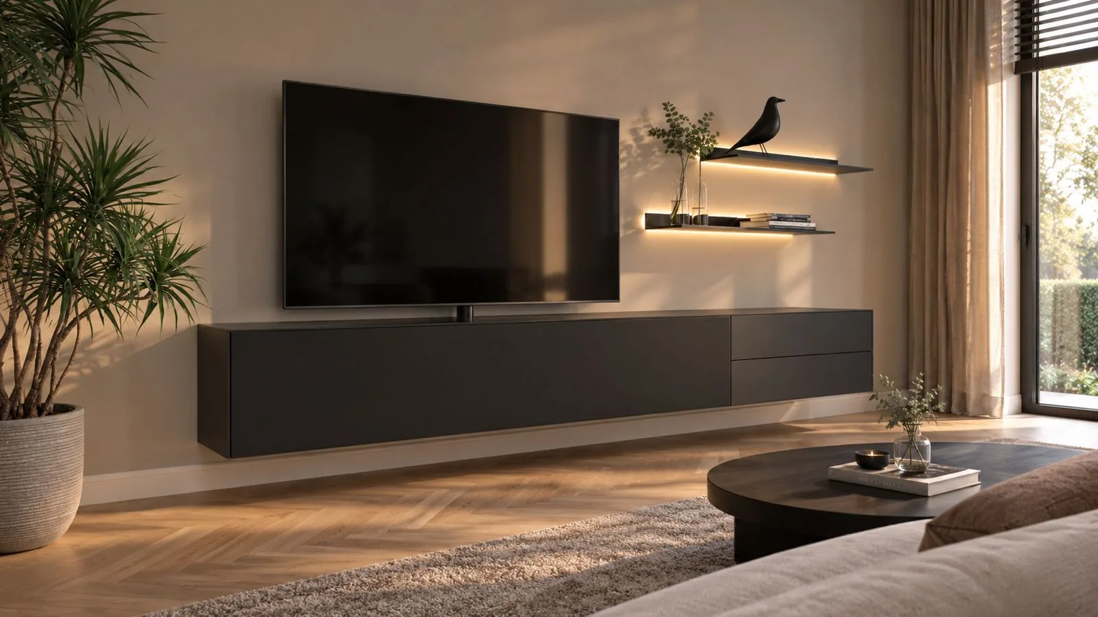 Mika in antracite, zwevend met LED verlichting eronder