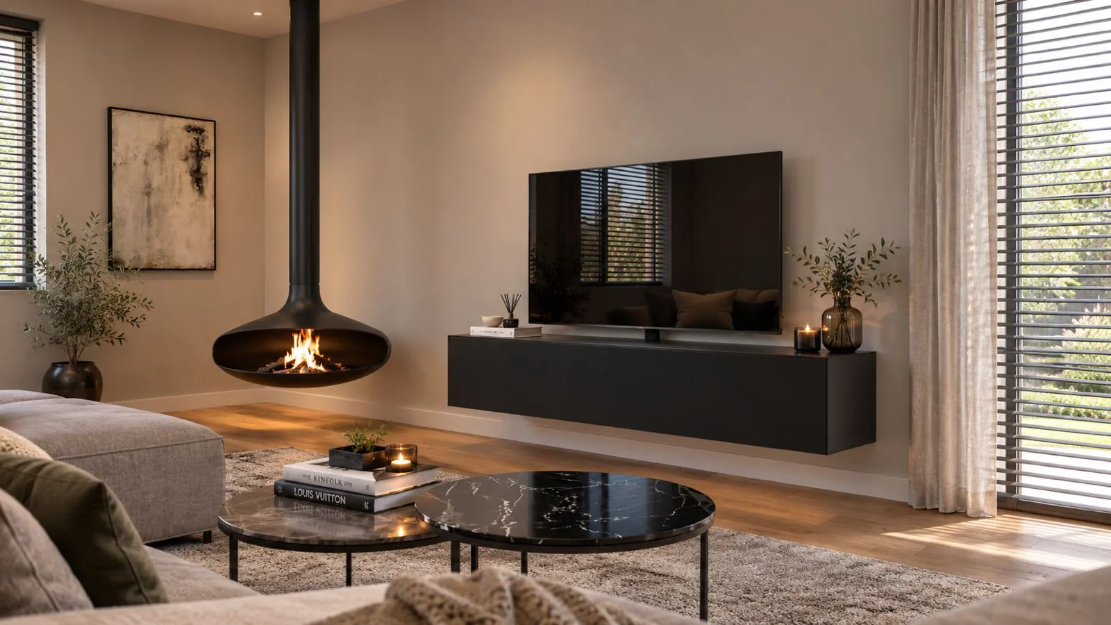 Mika in deep black, zwevend aan de muur naast een hangende haard