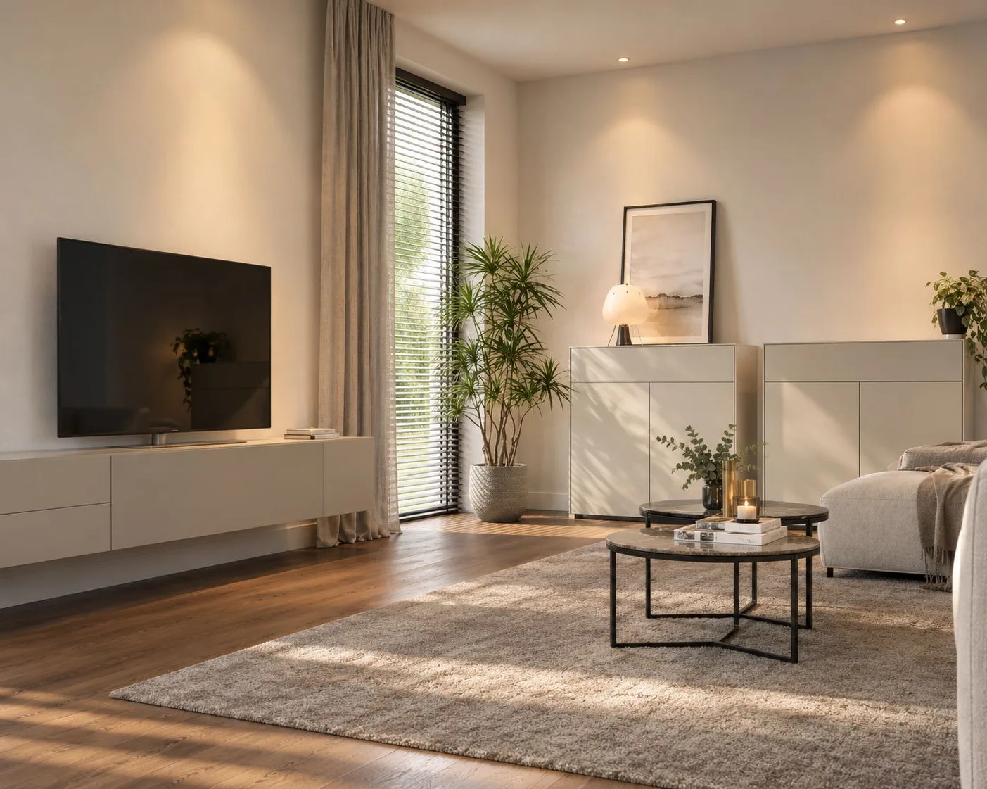 Twee beige Mika highboards naast elkaar in een woonkamer