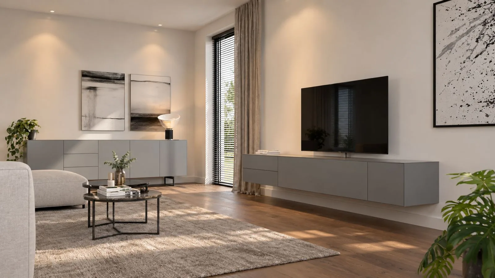 Grijs Mika sideboard op een zwart frame in een lichte woonkamer